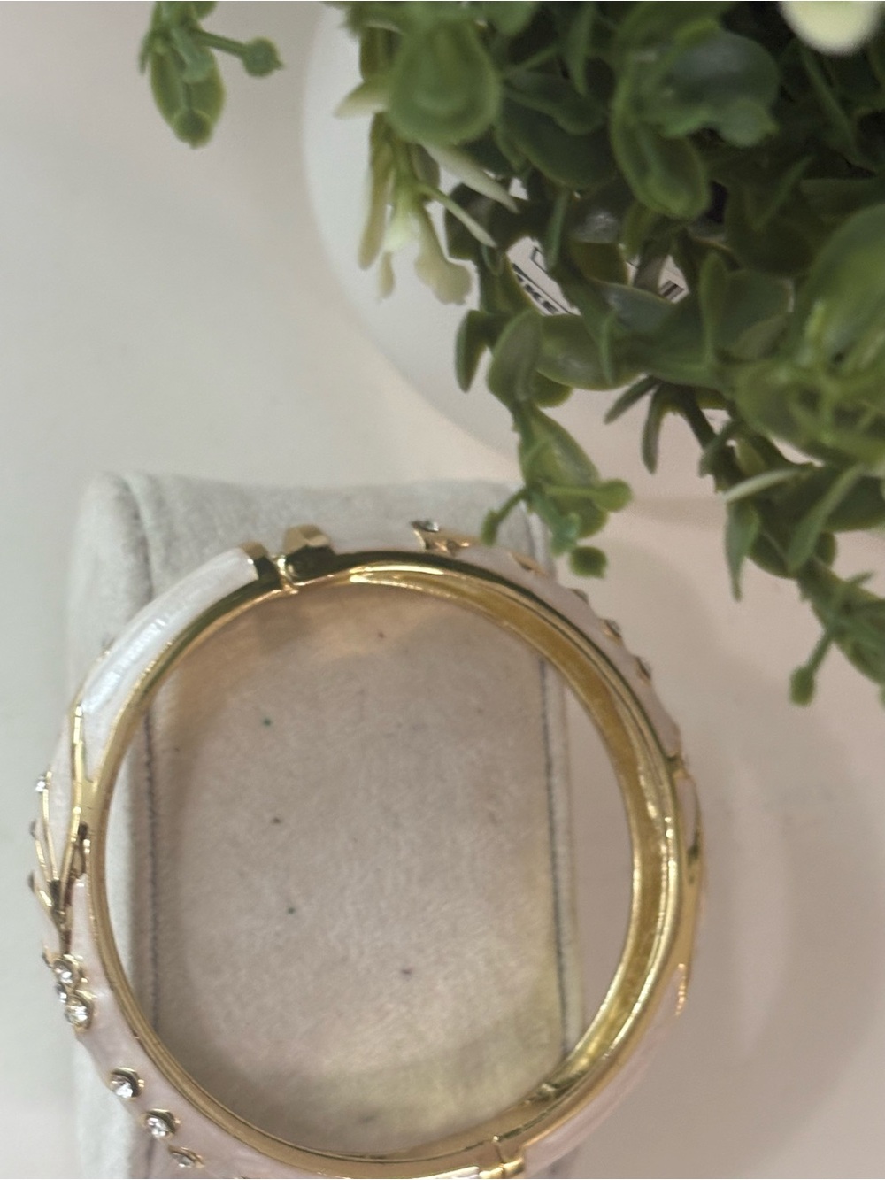 JTF Vintage Cream Enamel Floral Rhinestone Hinged Gold Tone Bracelet
